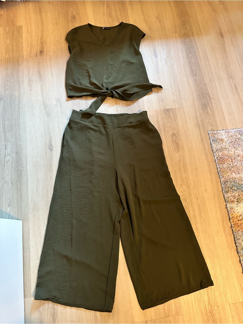 Sleeveless Tie-Front Wide-Leg Jumpsuit in Olive Green